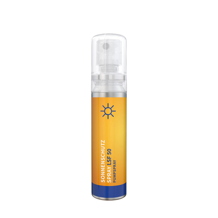 Zonnebrandspray SPF 50 met logo als aluminium pocketspray van 20 ml