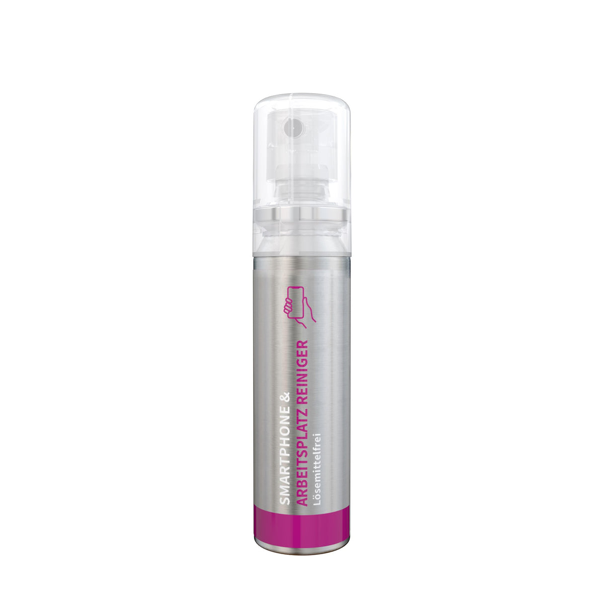 Smartphone- en werkplekreiniger als pocketspray van 20 ml, doorzichtig etiket (no-label-look), met voorbeeldontwerp