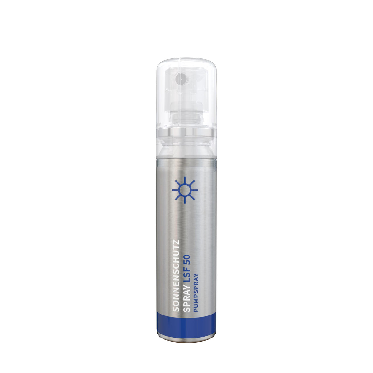 Zonnebrandspray SPF 50 als pocketspray van 20 ml, doorzichtig etiket (no-label-look), met voorbeeldontwerp