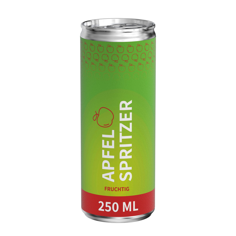 Appelspritzer in blikje van 250 ml, papieren etiket, mat, met voorbeeldontwerp