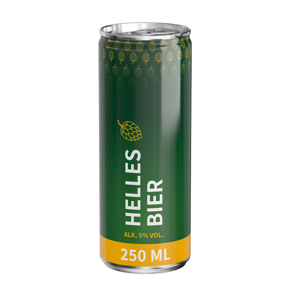 Bier in blikje van 250 ml, rondom bedrukt, wit glanzend, met voorbeeldontwerp