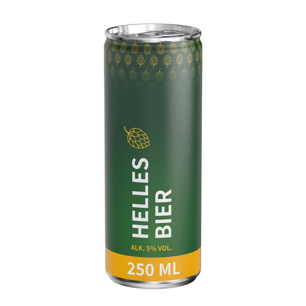 Bier in blikje van 250 ml, rondom bedrukt, wit mat, met voorbeeldontwerp