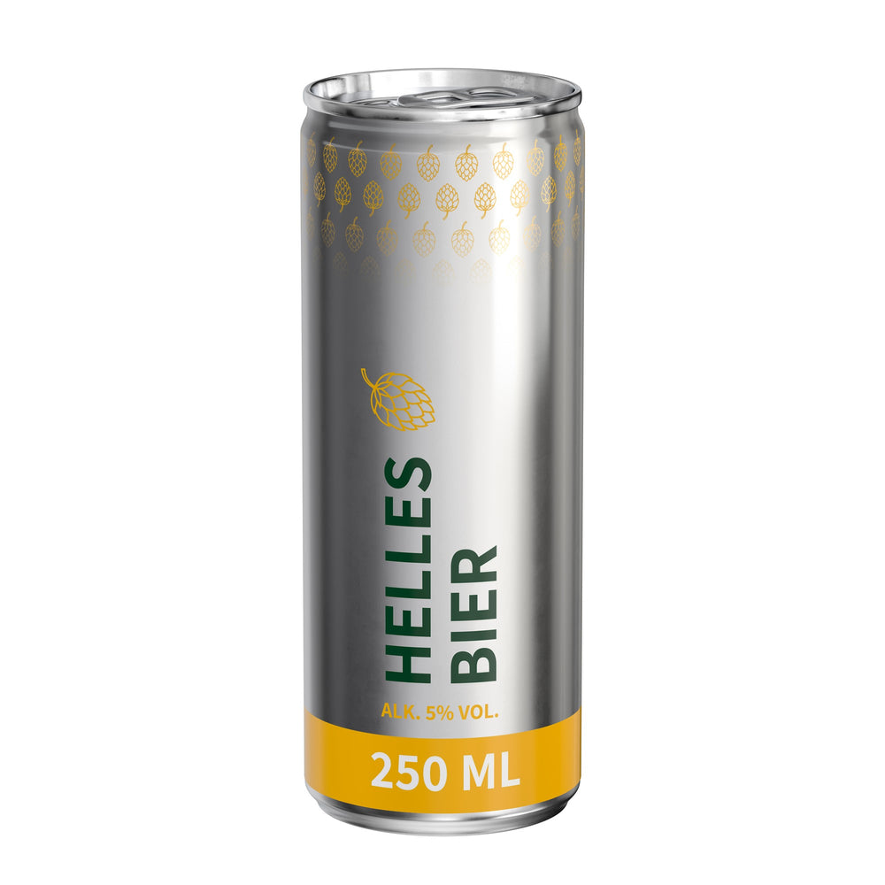 Bier in blikje van 250 ml, rondom bedrukt, metaallook glanzend, met voorbeeldontwerp