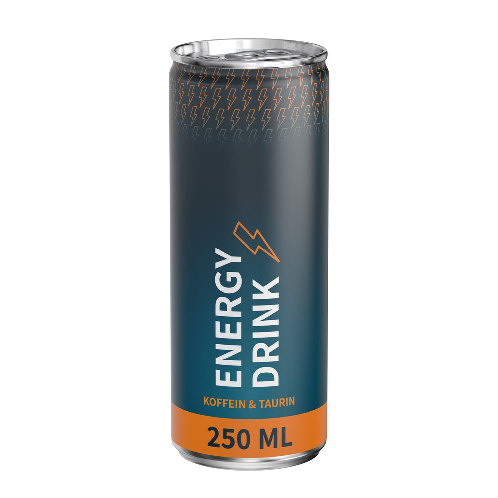 Energy drink classic in blikje van 250 ml, rondom bedrukt, wit mat, met voorbeeldontwerp