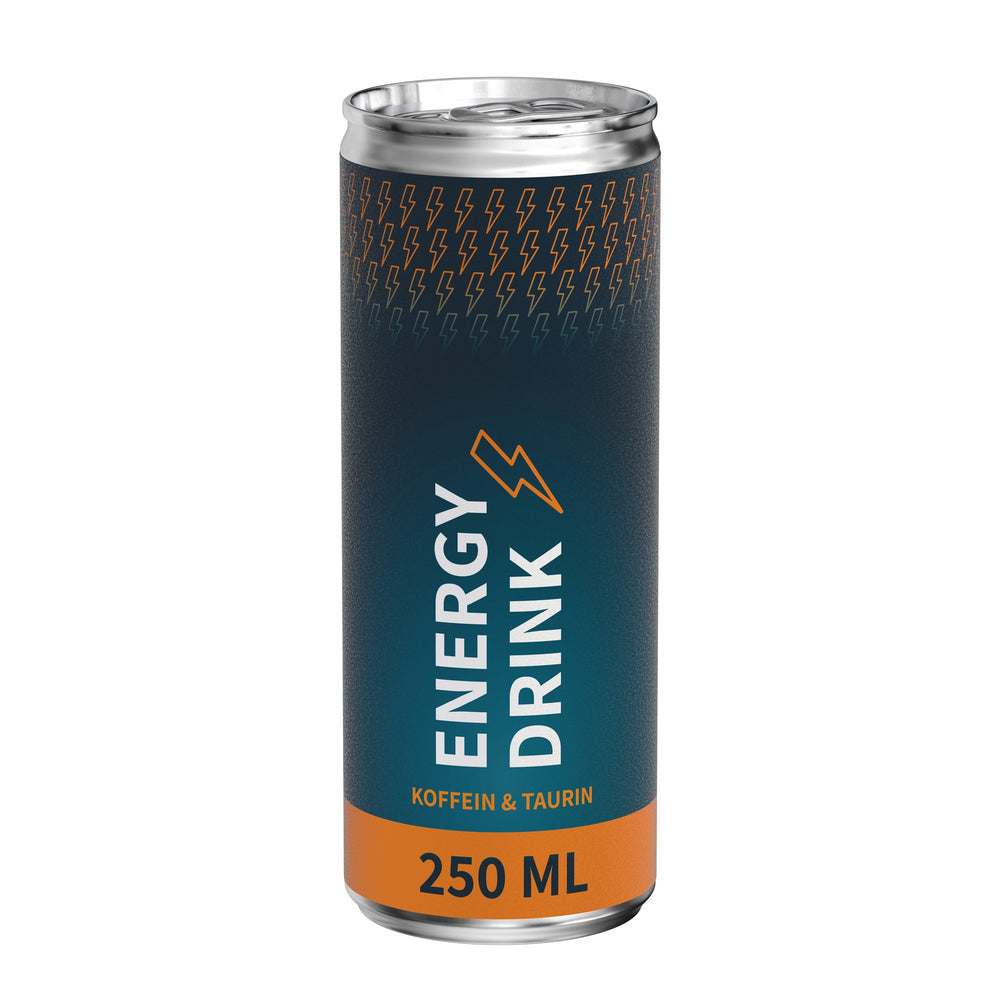 Energy drink classic in blikje van 250 ml, papieren etiket, mat, met voorbeeldontwerp