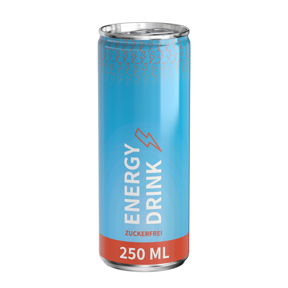 Energy drink suikervrij in blikje van 250 ml, rondom bedrukt, wit glanzend, met voorbeeldontwerp