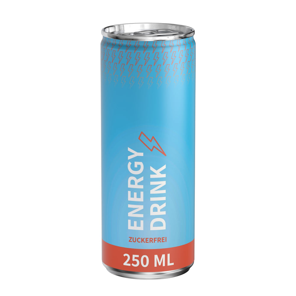 Energy drink suikervrij in blikje van 250 ml, rondom bedrukt, wit mat, met voorbeeldontwerp