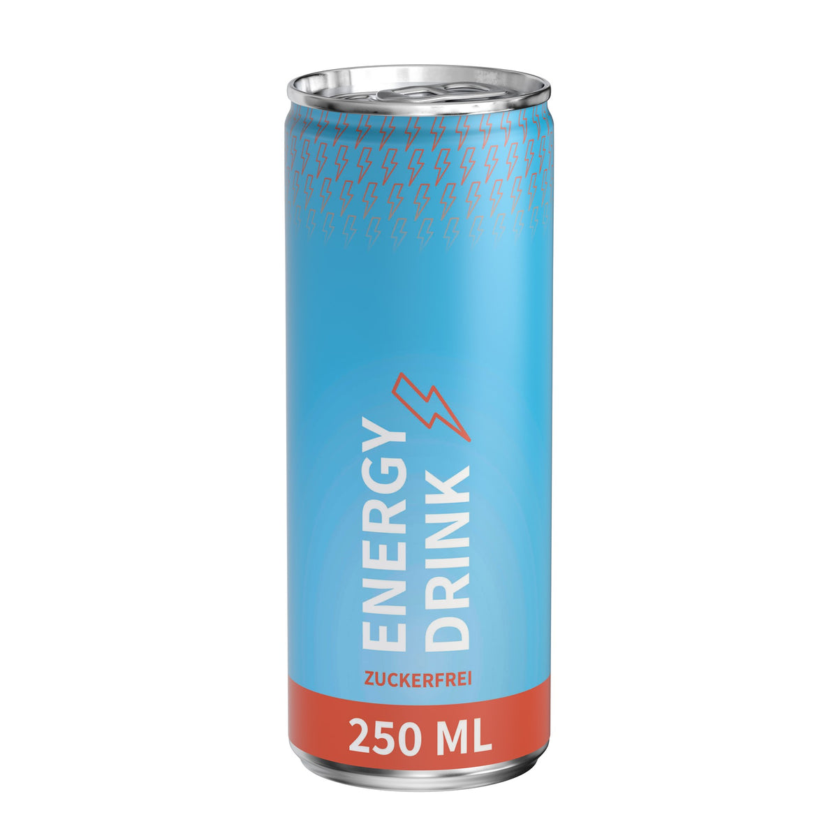 Energy drink suikervrij in blikje van 250 ml, rondom bedrukt, wit mat, met voorbeeldontwerp