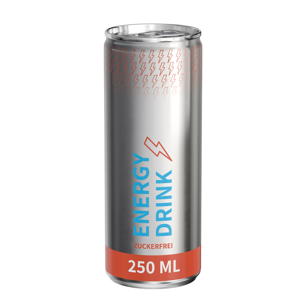 Energy drink suikervrij in blikje van 250 ml, rondom bedrukt, metaallook glanzend, met voorbeeldontwerp