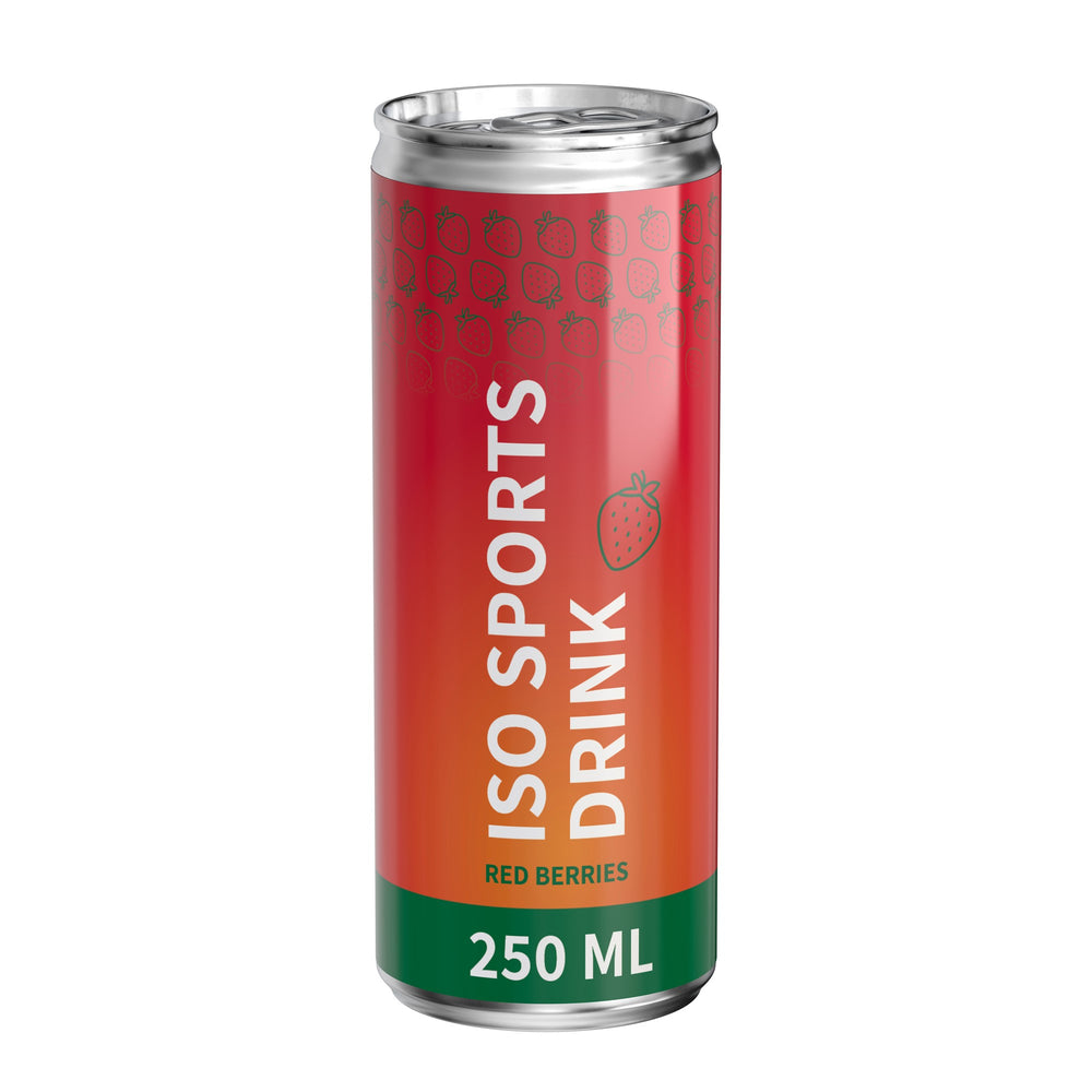 Isotone sportdrank rode vruchten in blikje van 250 ml, glanzend etiket van folie, met voorbeeldontwerp