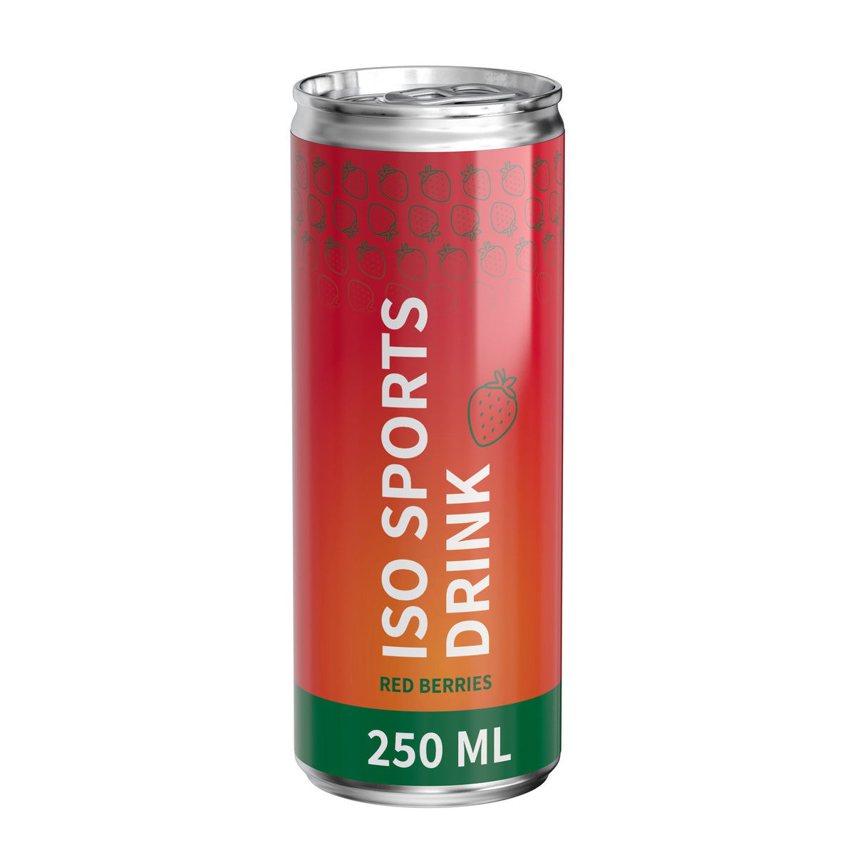 Isotone sportdrank rode vruchten in blikje van 250 ml, glanzend etiket van folie, met voorbeeldontwerp