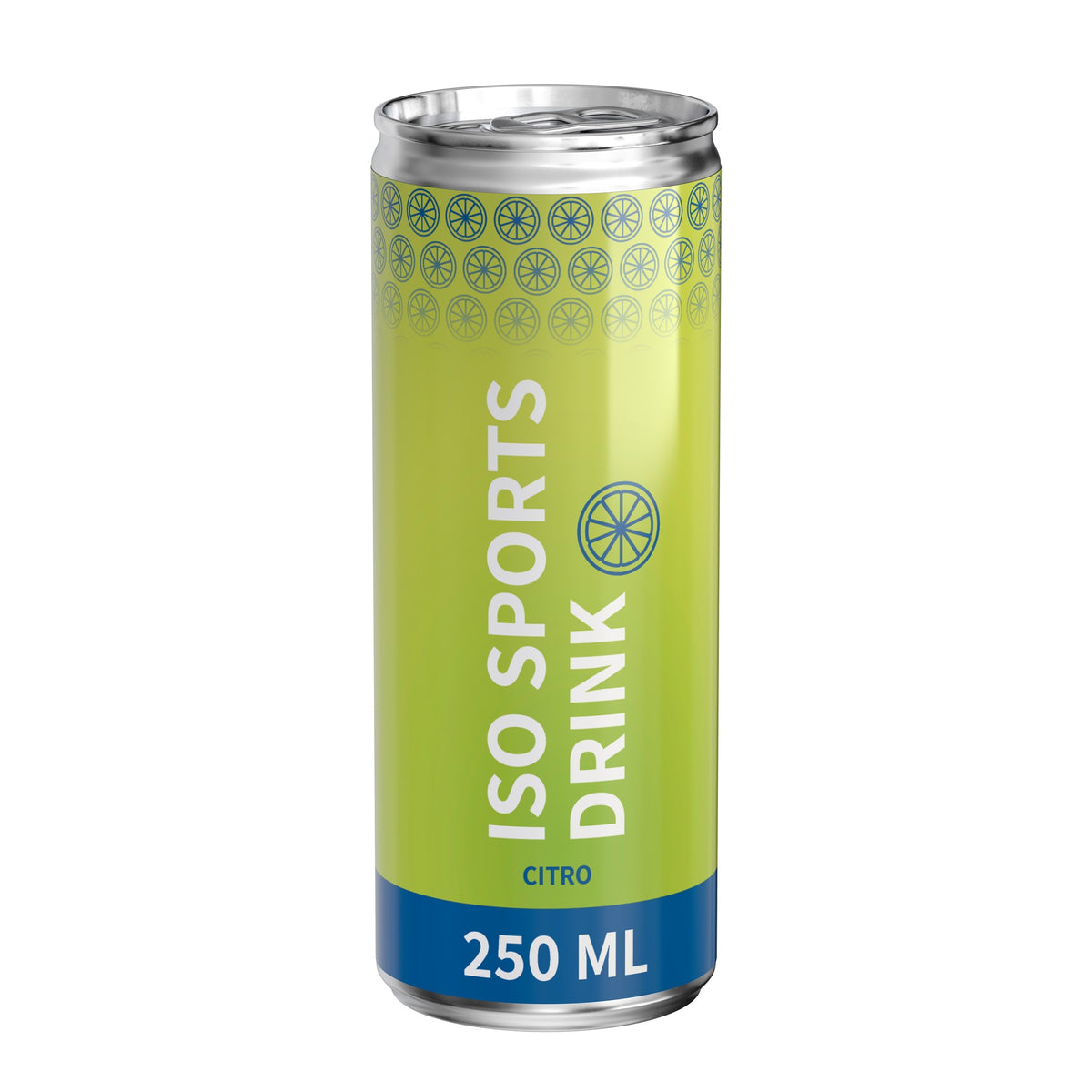 Isotone sportdrank citroen in blikje van 250 ml, glanzend etiket van folie, met voorbeeldontwerp