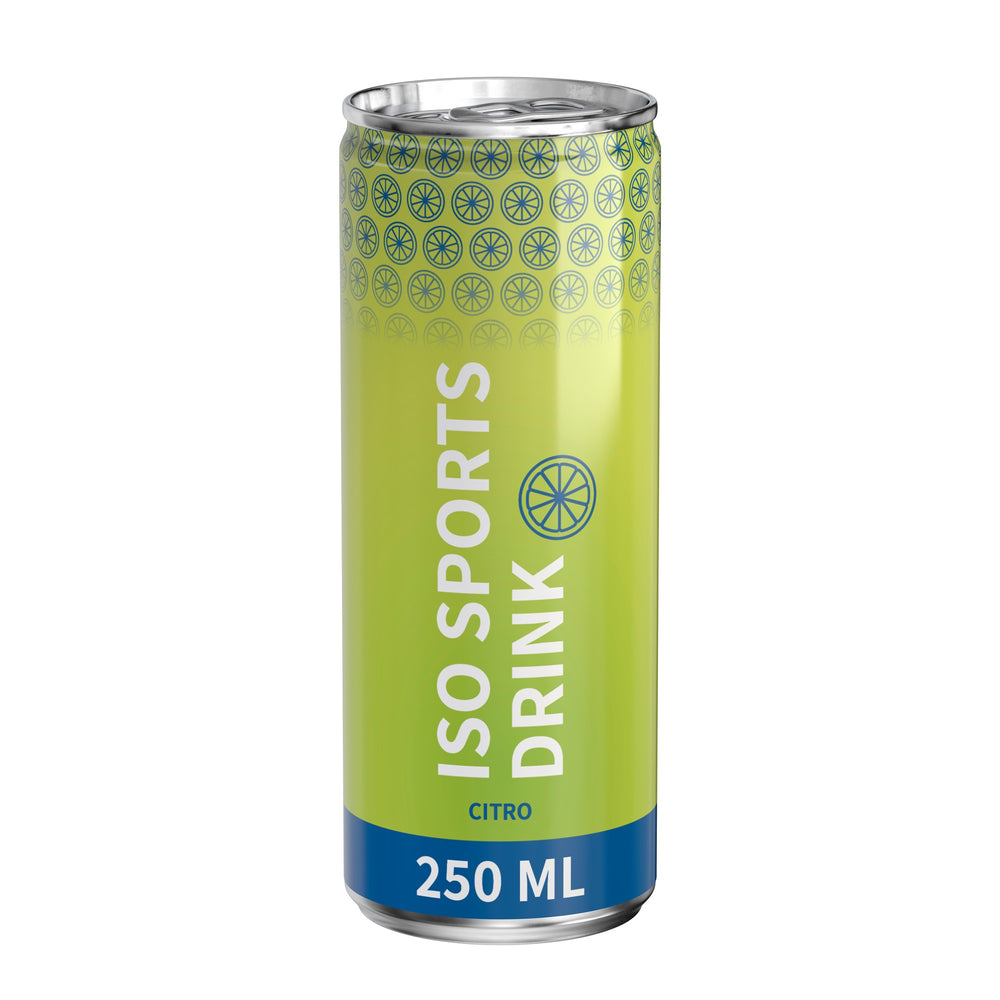 Isotone sportdrank citroen in blikje van 250 ml, rondom bedrukt, wit glanzend, met voorbeeldontwerp