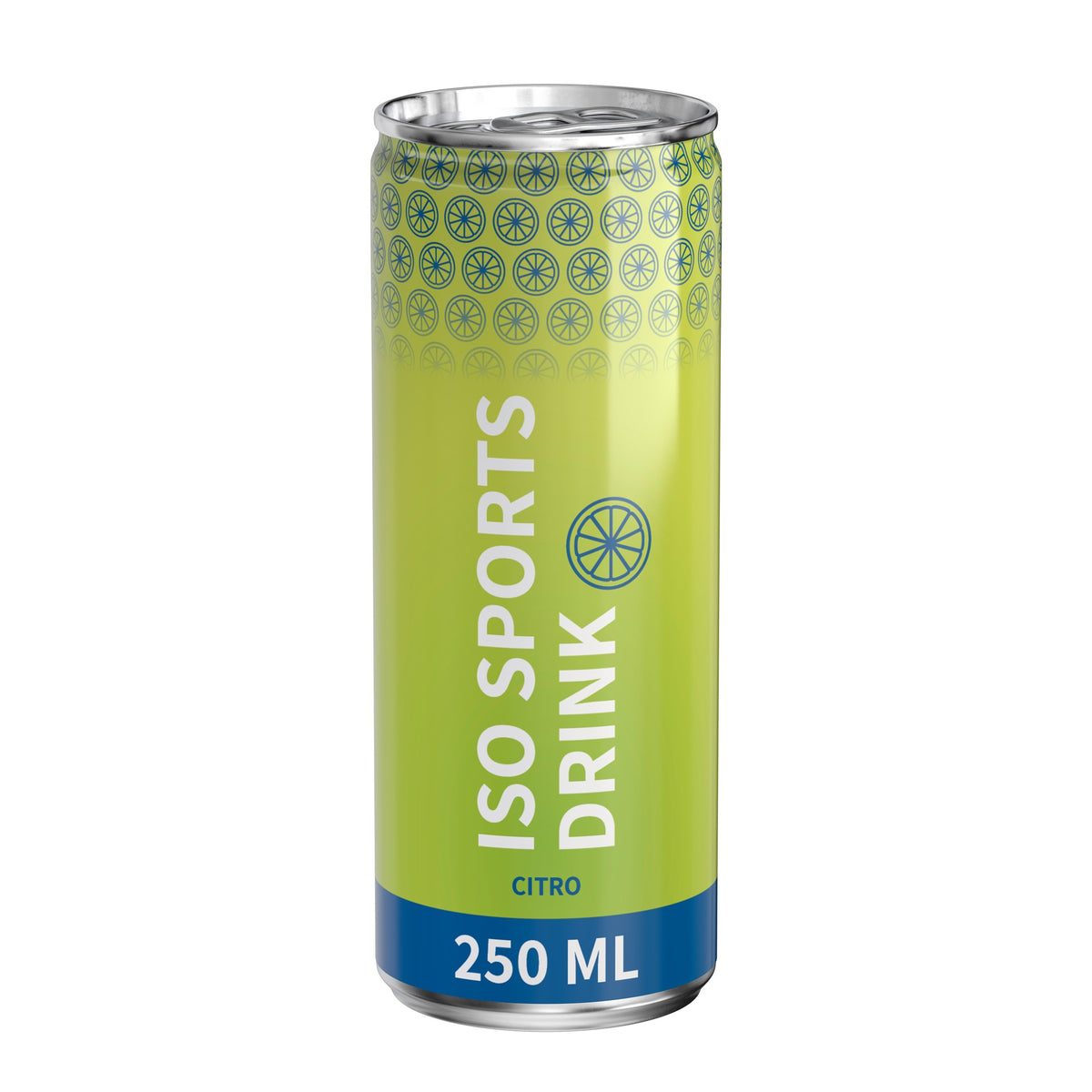 Isotone sportdrank citroen in blikje van 250 ml, rondom bedrukt, wit glanzend, met voorbeeldontwerp