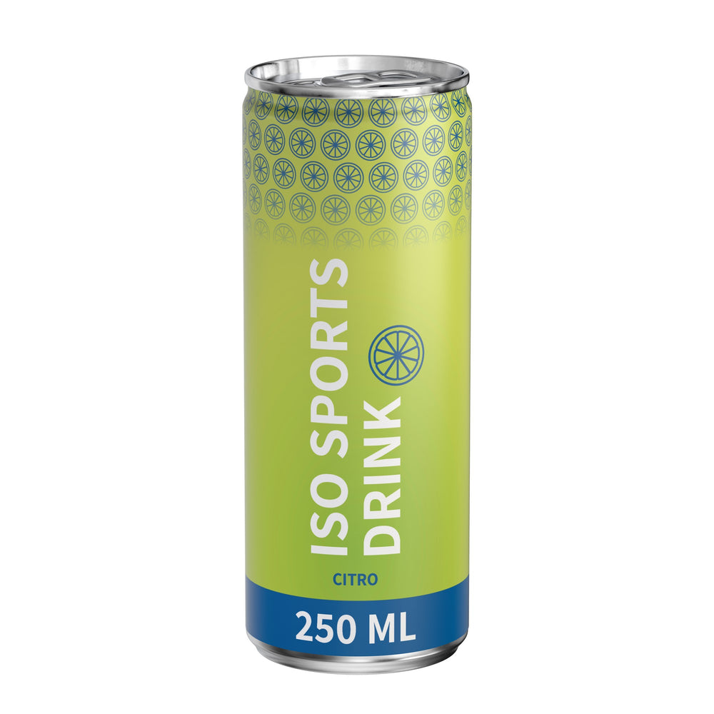 Isotone sportdrank citroen in blikje van 250 ml, rondom bedrukt, wit mat, met voorbeeldontwerp