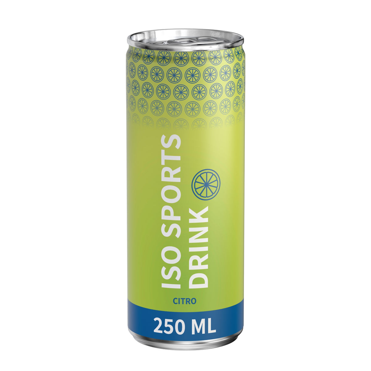 Isotone sportdrank citroen in blikje van 250 ml, rondom bedrukt, wit mat, met voorbeeldontwerp