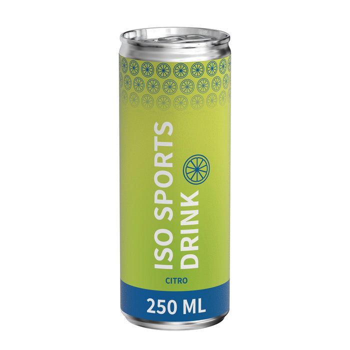 Isotone sportdrank citroen in blikje van 250 ml met eigen etiket