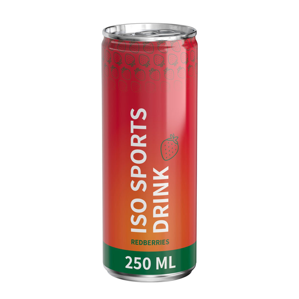 Isotone sportdrank rode vruchten in blikje van 250 ml, rondom bedrukt, wit glanzend, met voorbeeldontwerp