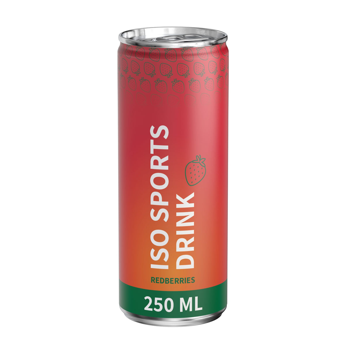 Isotone sportdrank rode vruchten in blikje van 250 ml, rondom bedrukt, wit mat, met voorbeeldontwerp