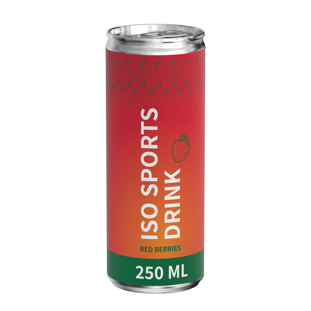 Isotone sportdrank rode vruchten in blikje van 250 ml, papieren etiket, mat, met voorbeeldontwerp