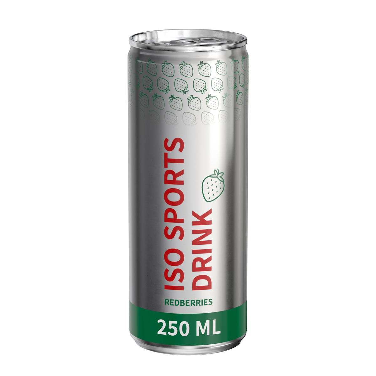 Isotone sportdrank rode vruchten in blikje van 250 ml, rondom bedrukt, metaallook glanzend, met voorbeeldontwerp