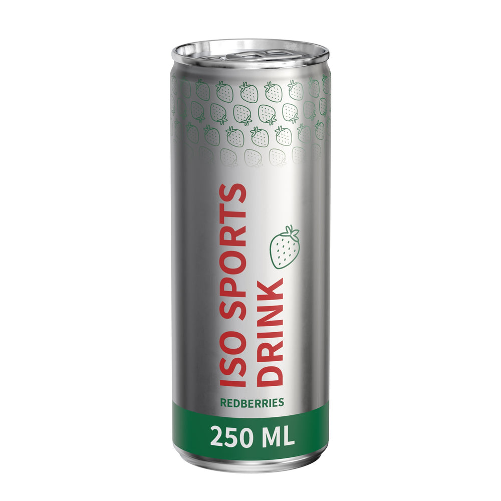Isotone sportdrank rode vruchten in blikje van 250 ml, rondom bedrukt, metaallook mat, met voorbeeldontwerp