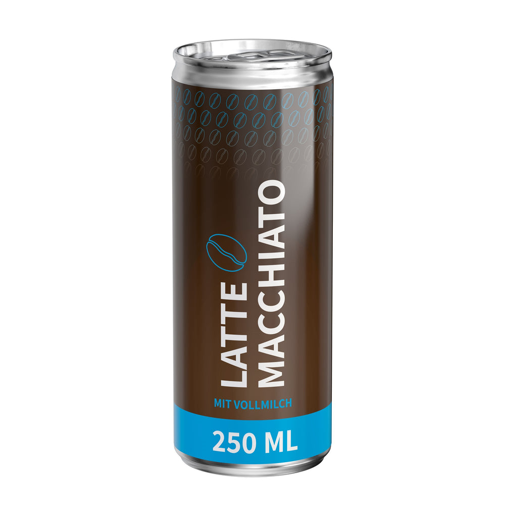 Latte macchiato in blikje van 250 ml, glanzend etiket van folie, met voorbeeldontwerp
