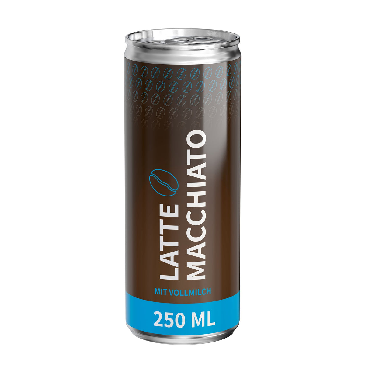 Latte macchiato in blikje van 250 ml, glanzend etiket van folie, met voorbeeldontwerp