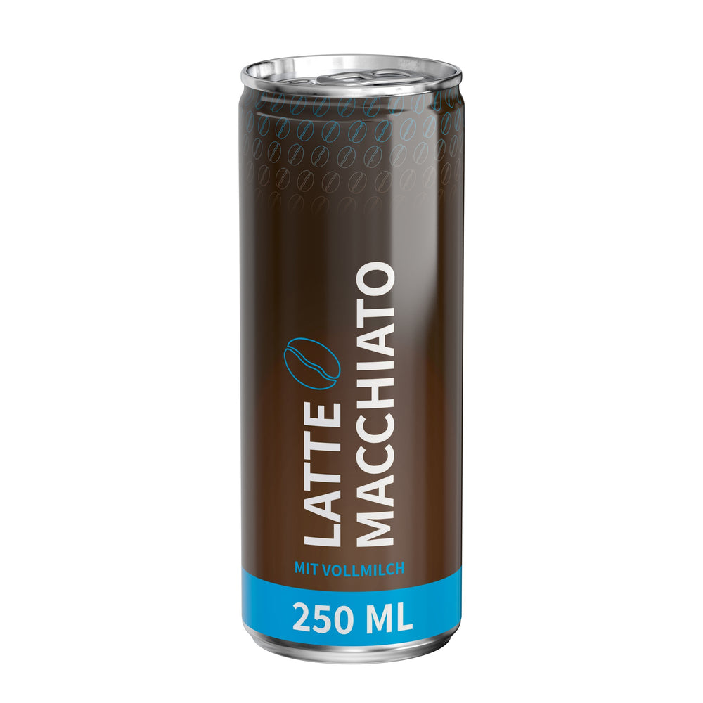 Latte macchiato in blikje van 250 ml, rondom bedrukt, wit glanzend, met voorbeeldontwerp