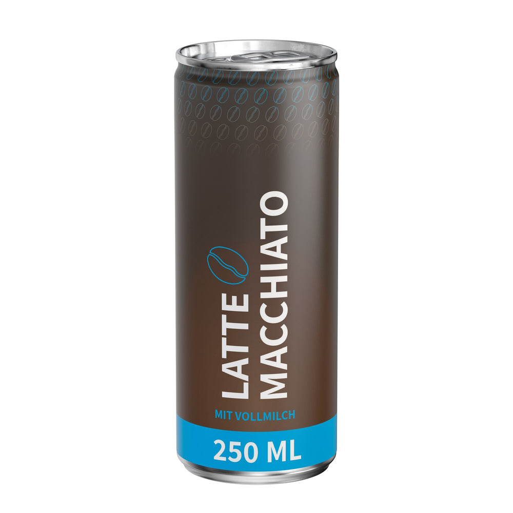 Latte macchiato in blikje van 250 ml, rondom bedrukt, wit mat, met voorbeeldontwerp