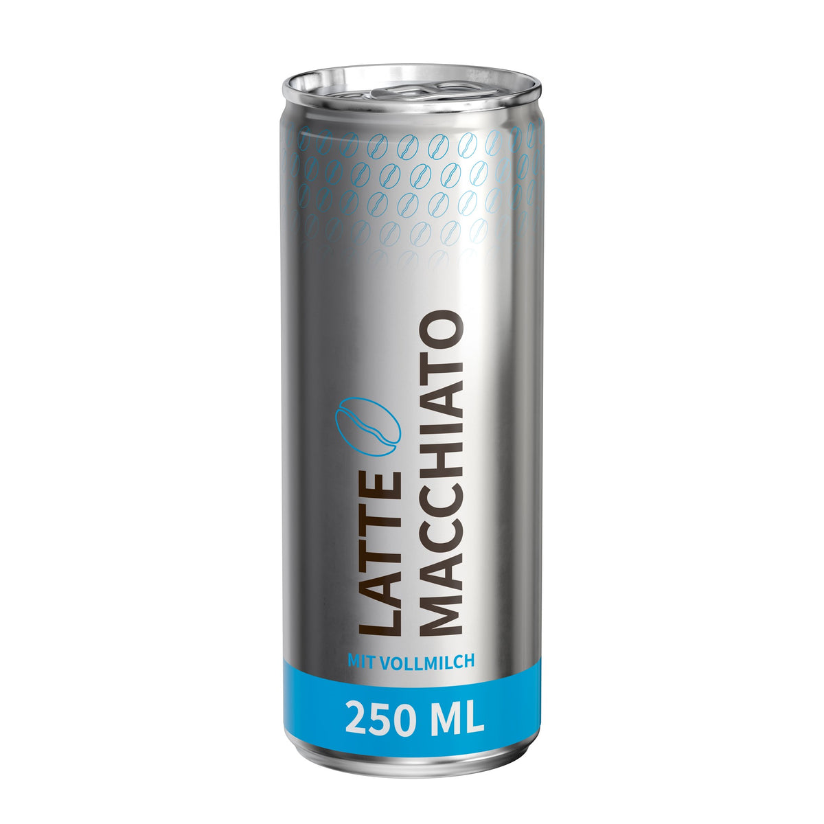 Latte macchiato in blikje van 250 ml, rondom bedrukt, metaallook glanzend, met voorbeeldontwerp