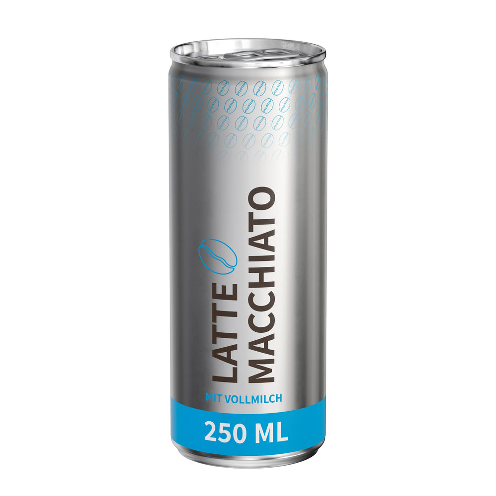 Latte macchiato in blikje van 250 ml, rondom bedrukt, metaallook mat, met voorbeeldontwerp