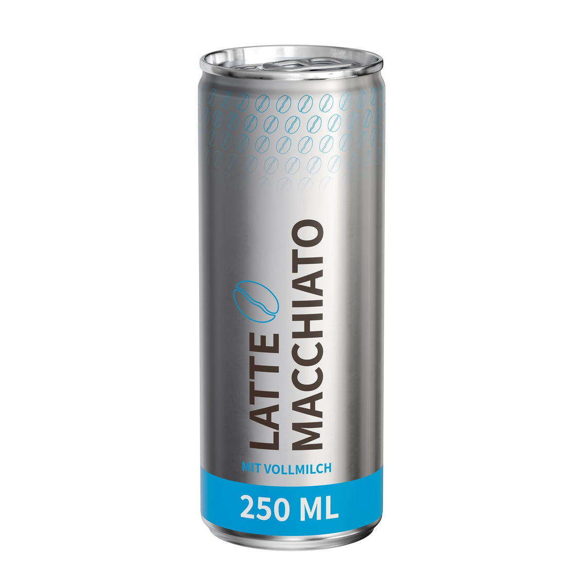 Latte macchiato in blikje van 250 ml, rondom bedrukt, metaallook mat, met voorbeeldontwerp