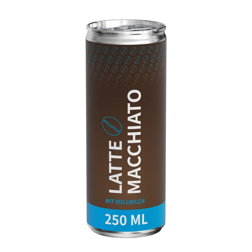 Latte macchiato in blikje van 250 ml, papieren etiket, mat, met voorbeeldontwerp