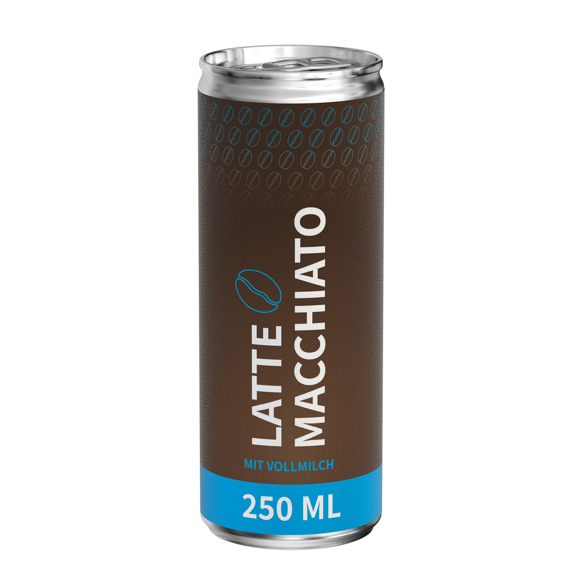 Latte macchiato in blikje van 250 ml, papieren etiket, mat, met voorbeeldontwerp