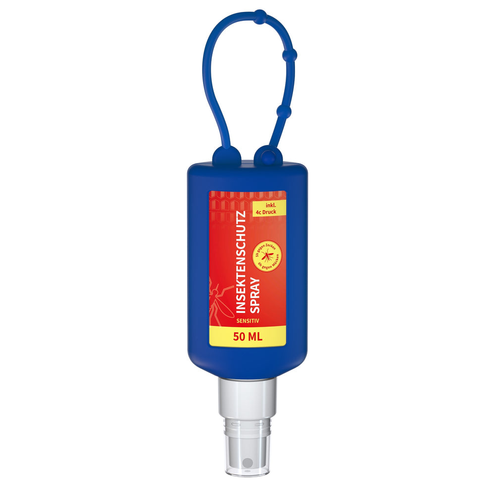 Insectenspray met icaridine in flacon van 50 ml met siliconen hoes en ophanglus, hoes in blauw, met voorbeeldontwerp