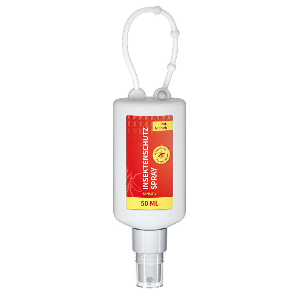 Insectenspray met icaridine in flacon van 50 ml met siliconen hoes en ophanglus, hoes in frost, met voorbeeldontwerp