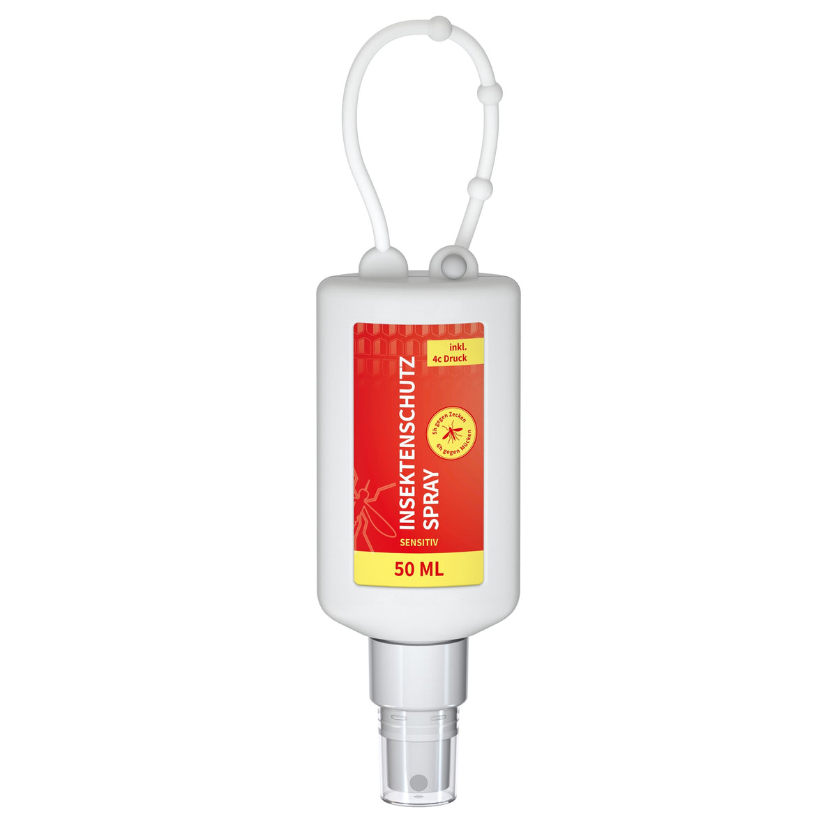Insectenspray met icaridine in flacon van 50 ml met siliconen hoes en ophanglus, hoes in frost, met voorbeeldontwerp
