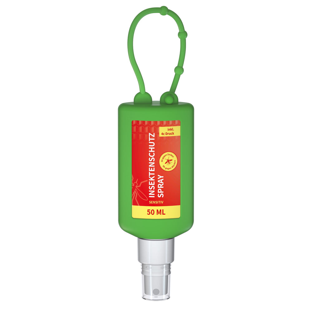 Insectenspray met icaridine in flacon van 50 ml met siliconen hoes en ophanglus, hoes in groen, met voorbeeldontwerp