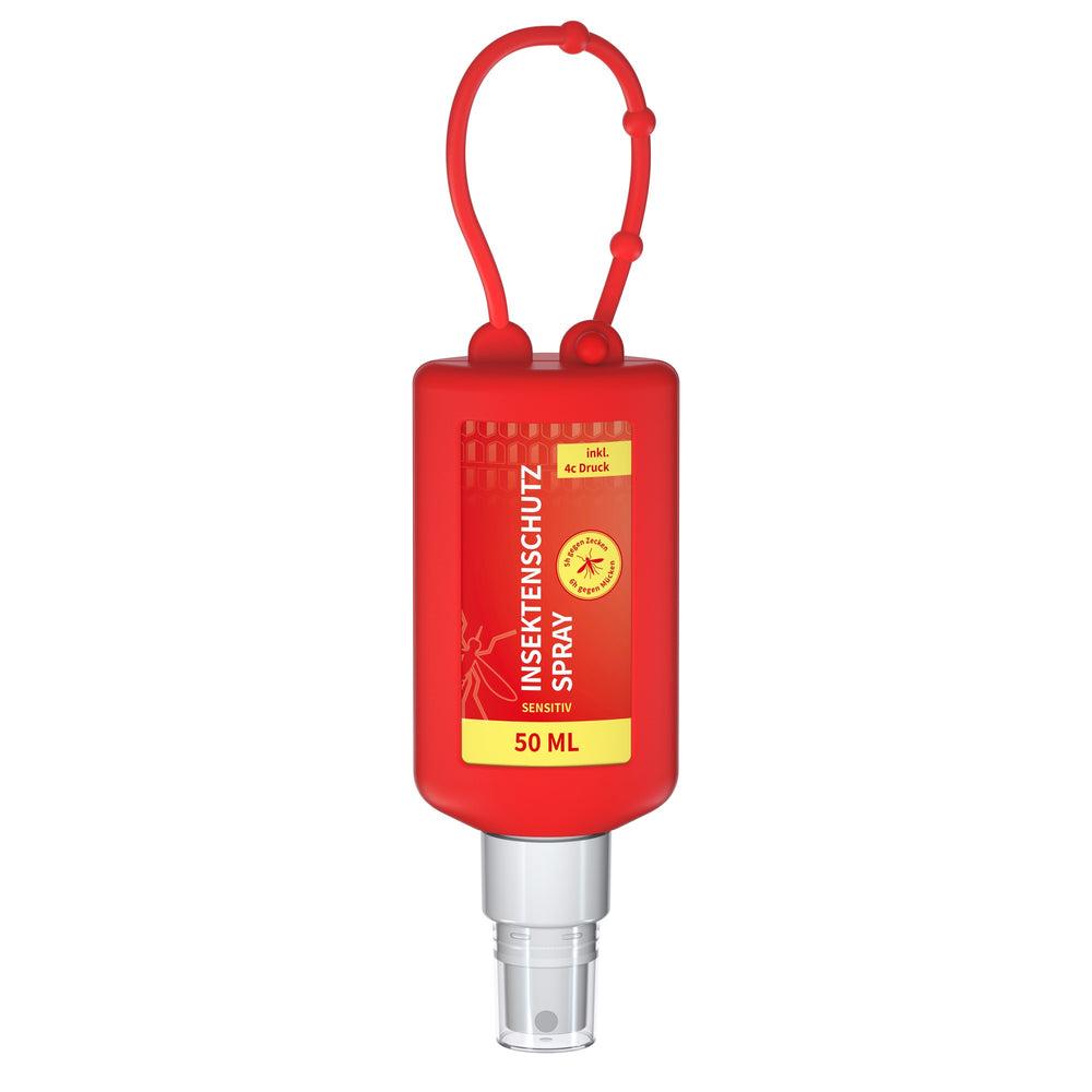 Insectenspray met icaridine in flacon van 50 ml met siliconen hoes en ophanglus, hoes in rood, met voorbeeldontwerp