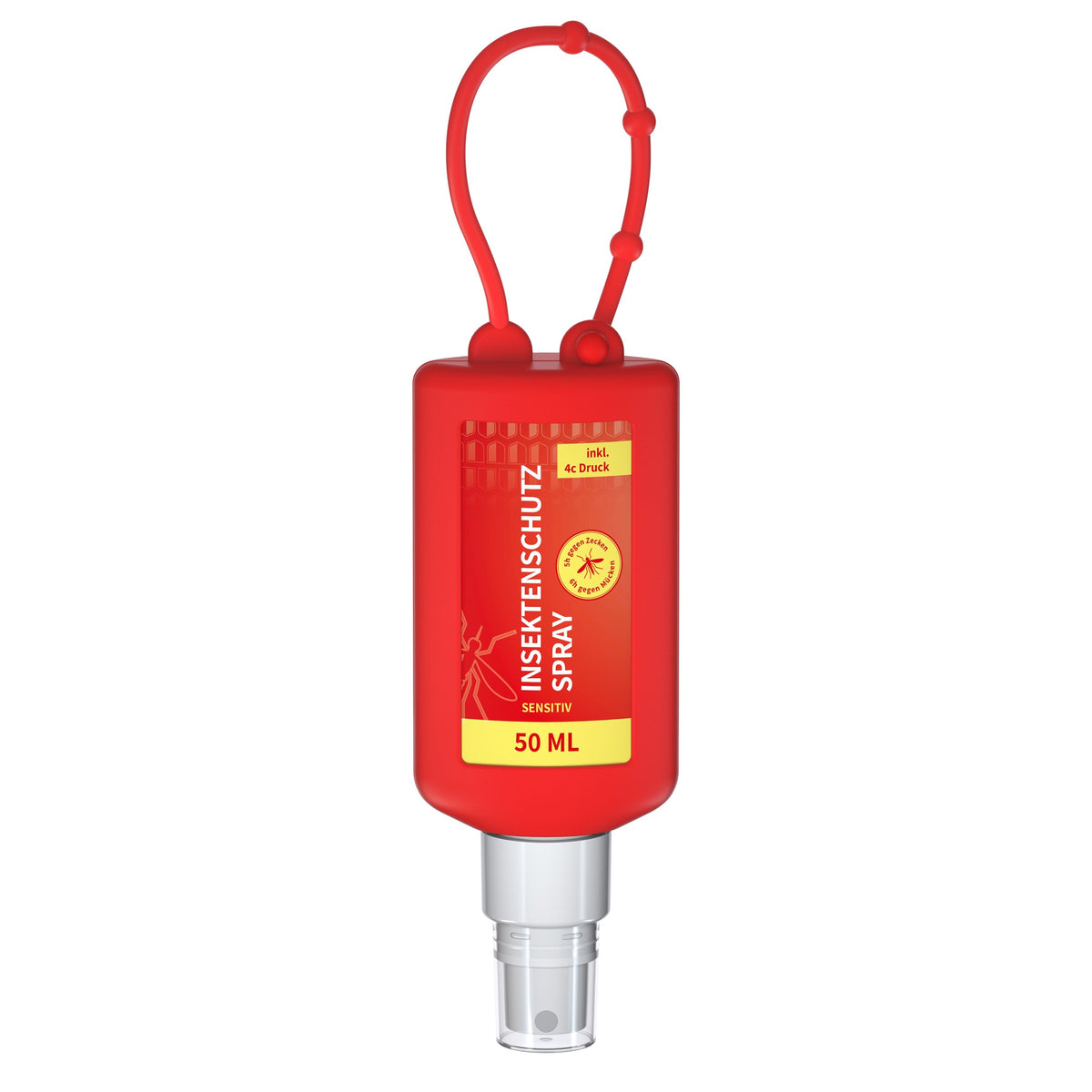 Insectenspray met icaridine in flacon van 50 ml met siliconen hoes en ophanglus, hoes in rood, met voorbeeldontwerp