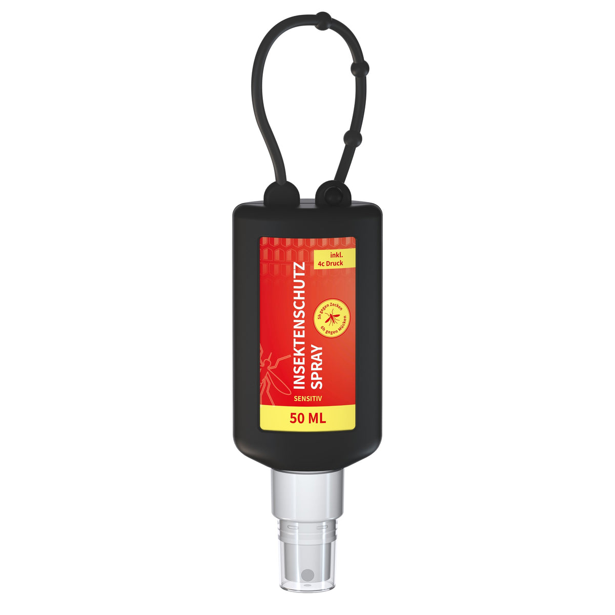Insectenspray met icaridine in flacon van 50 ml met siliconen hoes en ophanglus, hoes in zwart, met voorbeeldontwerp
