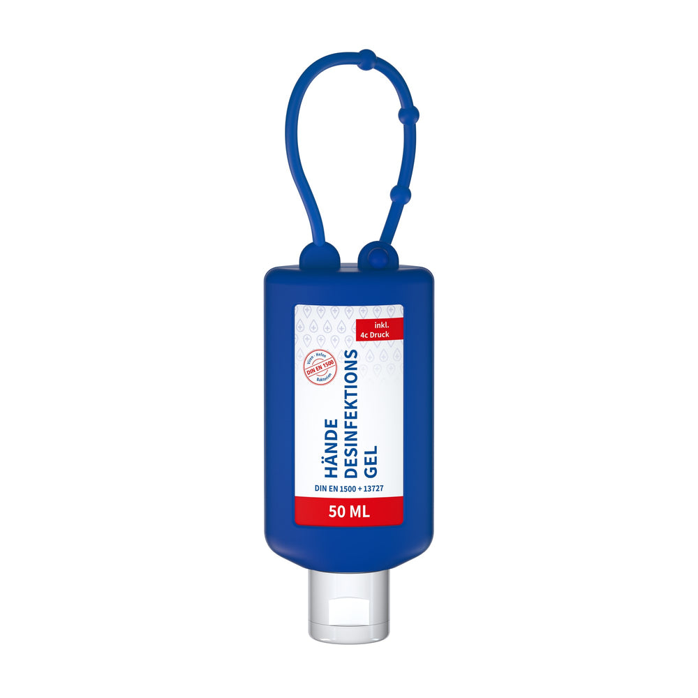 Desinfectiegel in flacon van 50 ml met siliconen hoes en ophanglus, hoes in blauw, met voorbeeldontwerp