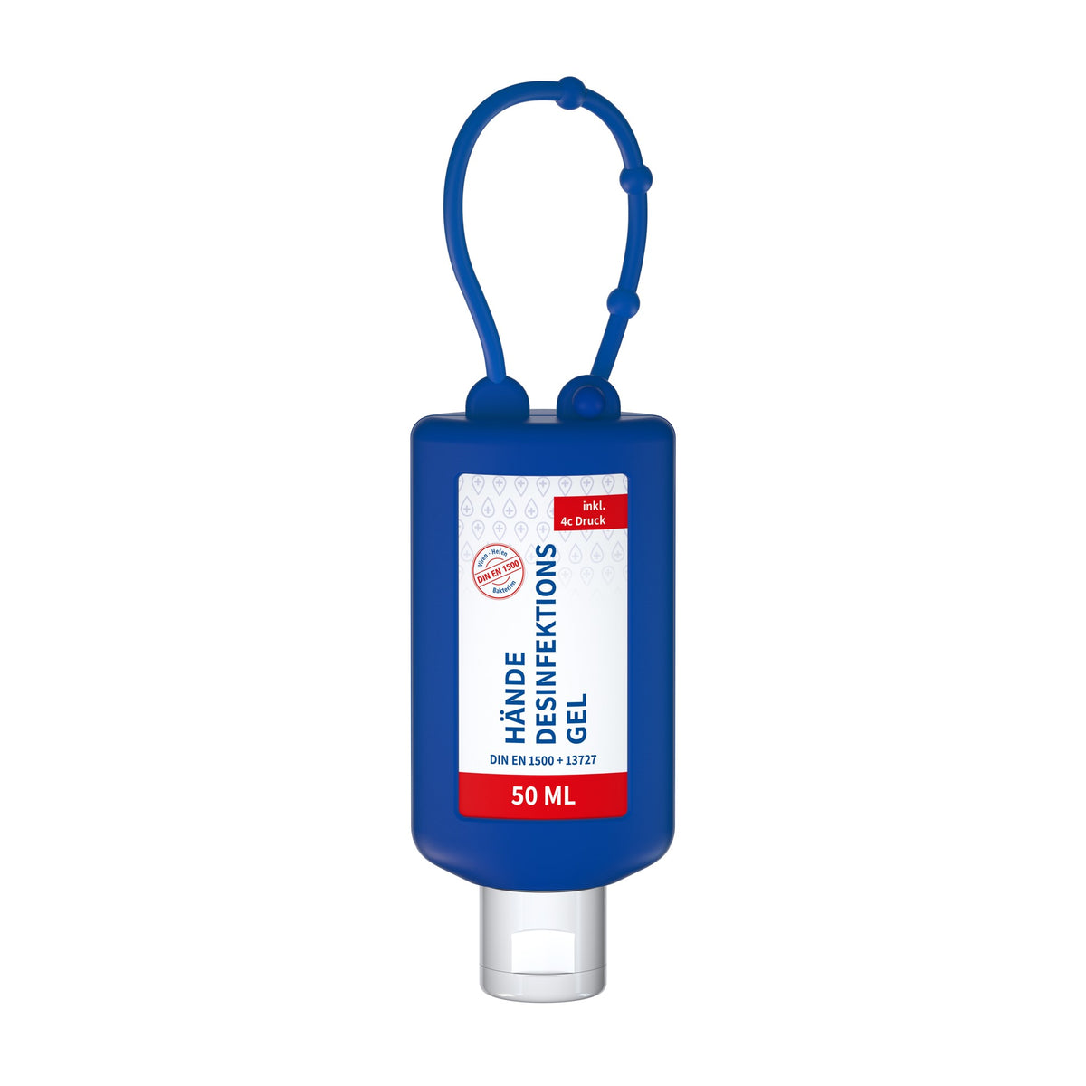 Desinfectiegel in flacon van 50 ml met siliconen hoes en ophanglus, hoes in blauw, met voorbeeldontwerp