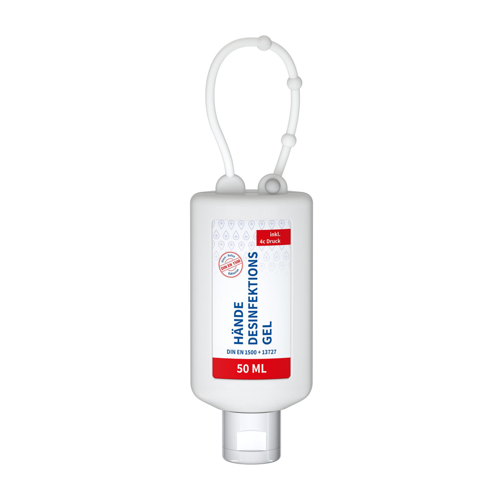 Desinfectiegel in flacon van 50 ml met siliconen hoes en ophanglus, hoes in frost, met voorbeeldontwerp