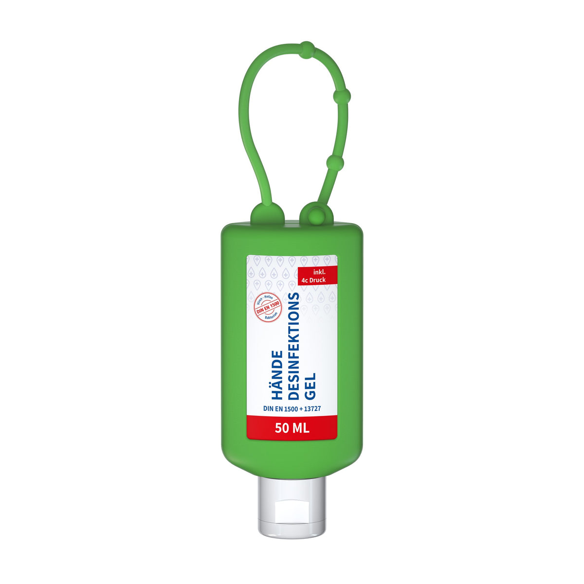 Desinfectiegel in flacon van 50 ml met siliconen hoes en ophanglus, hoes in groen, met voorbeeldontwerp