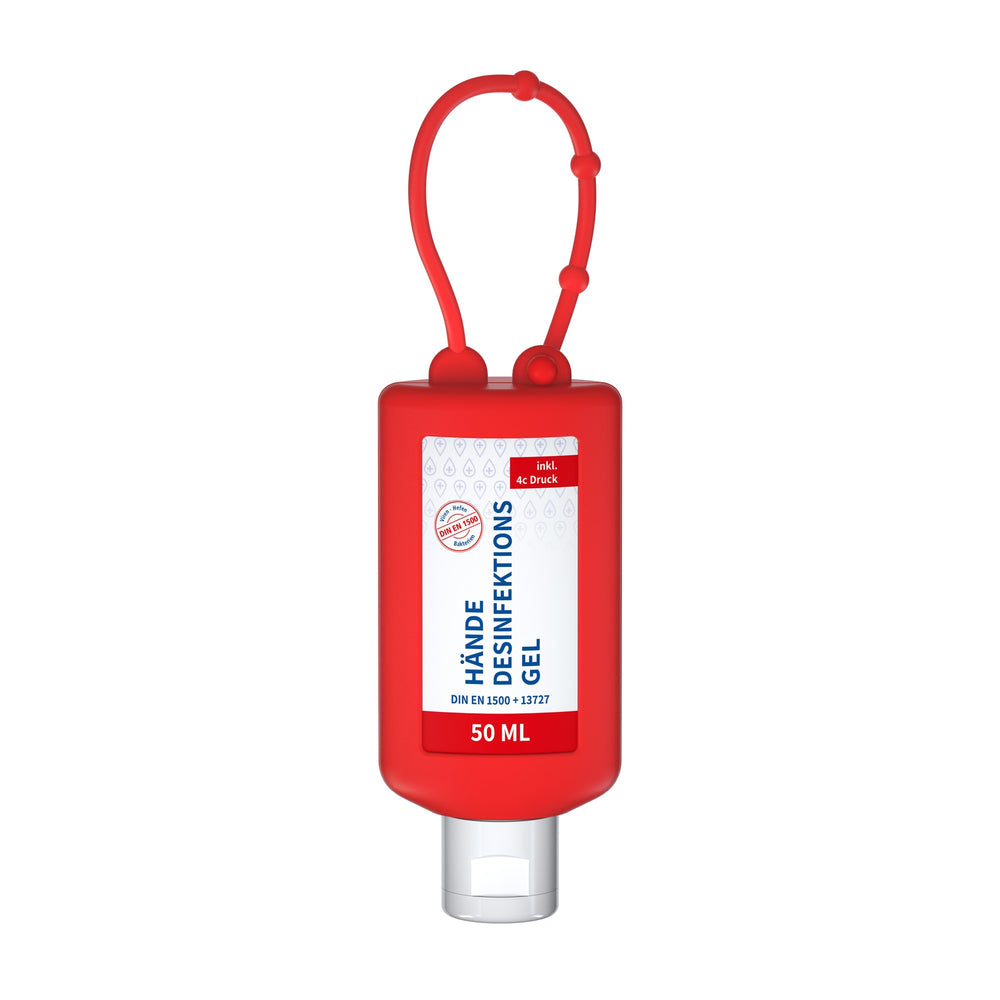 Desinfectiegel in flacon van 50 ml met siliconen hoes en ophanglus, hoes in rood, met voorbeeldontwerp