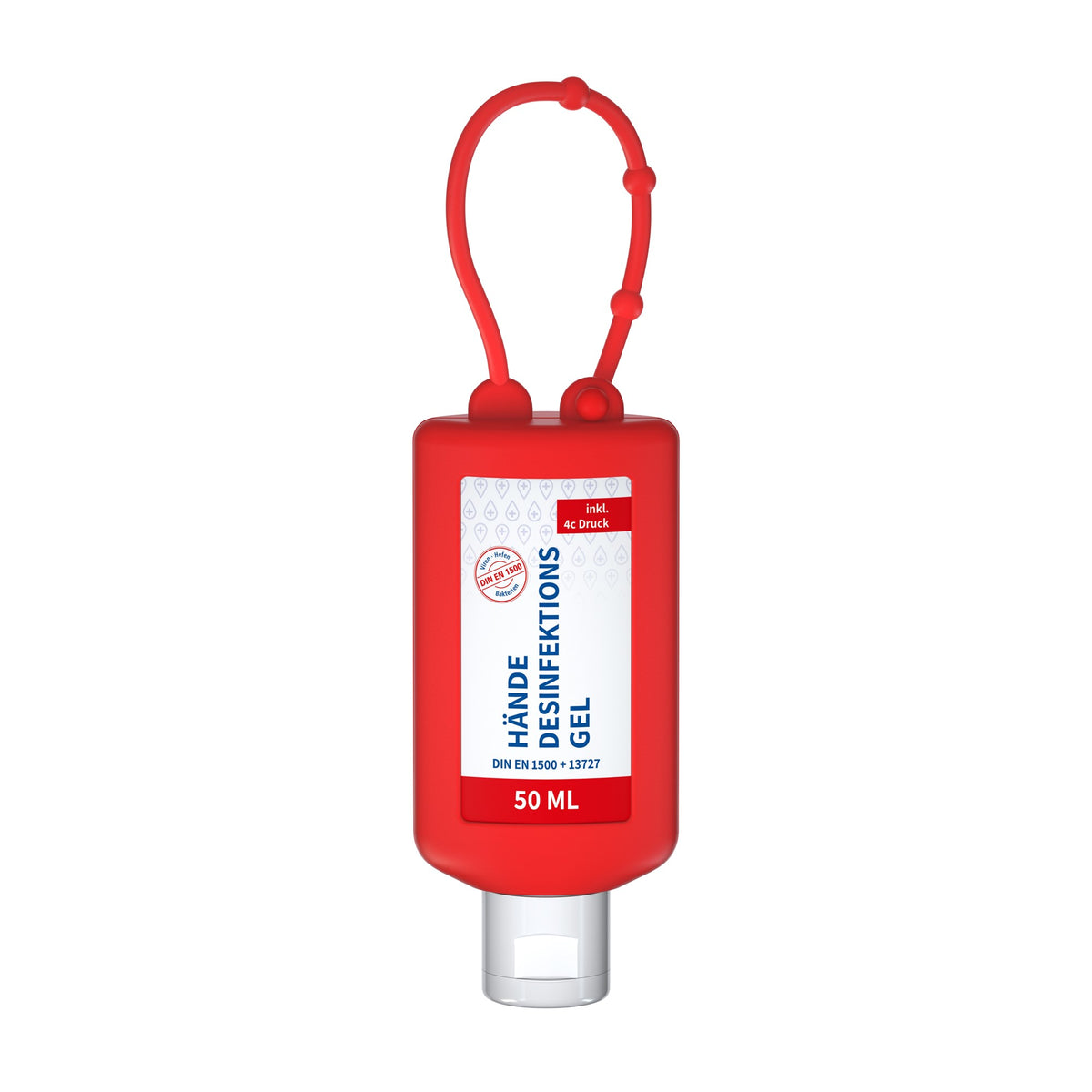 Desinfectiegel in flacon van 50 ml met siliconen hoes en ophanglus, hoes in rood, met voorbeeldontwerp