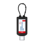 Desinfectiegel in flacon van 50 ml met siliconen hoes en ophanglus, hoes in zwart, met voorbeeldontwerp