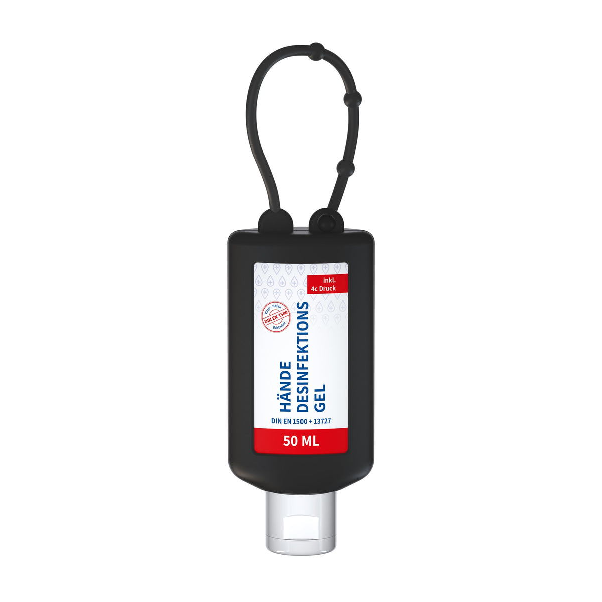 Desinfectiegel in flacon van 50 ml met siliconen hoes en ophanglus, hoes in zwart, met voorbeeldontwerp